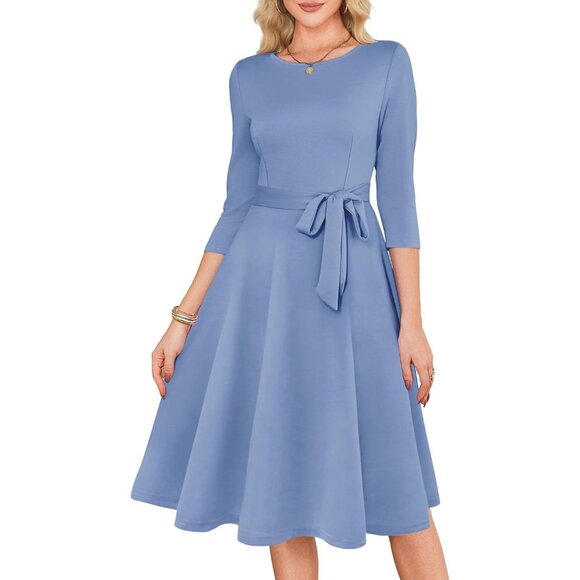 Women's Dusty Blue 3/4 Sleeve Vintage Flattering A-line Vintage Cocktail Dresses - Picture 4 of 5